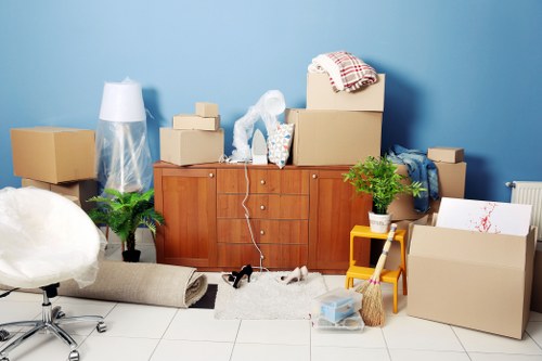 Packed boxes and furniture prepared for a moving truck service